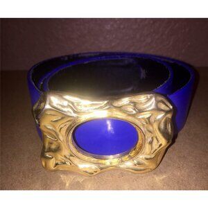 VINTAGE ST JOHN MARIE GRAY WOMENS BLUE LEATHER GOLD ACCENT BUCKLE BELT SIZE 8